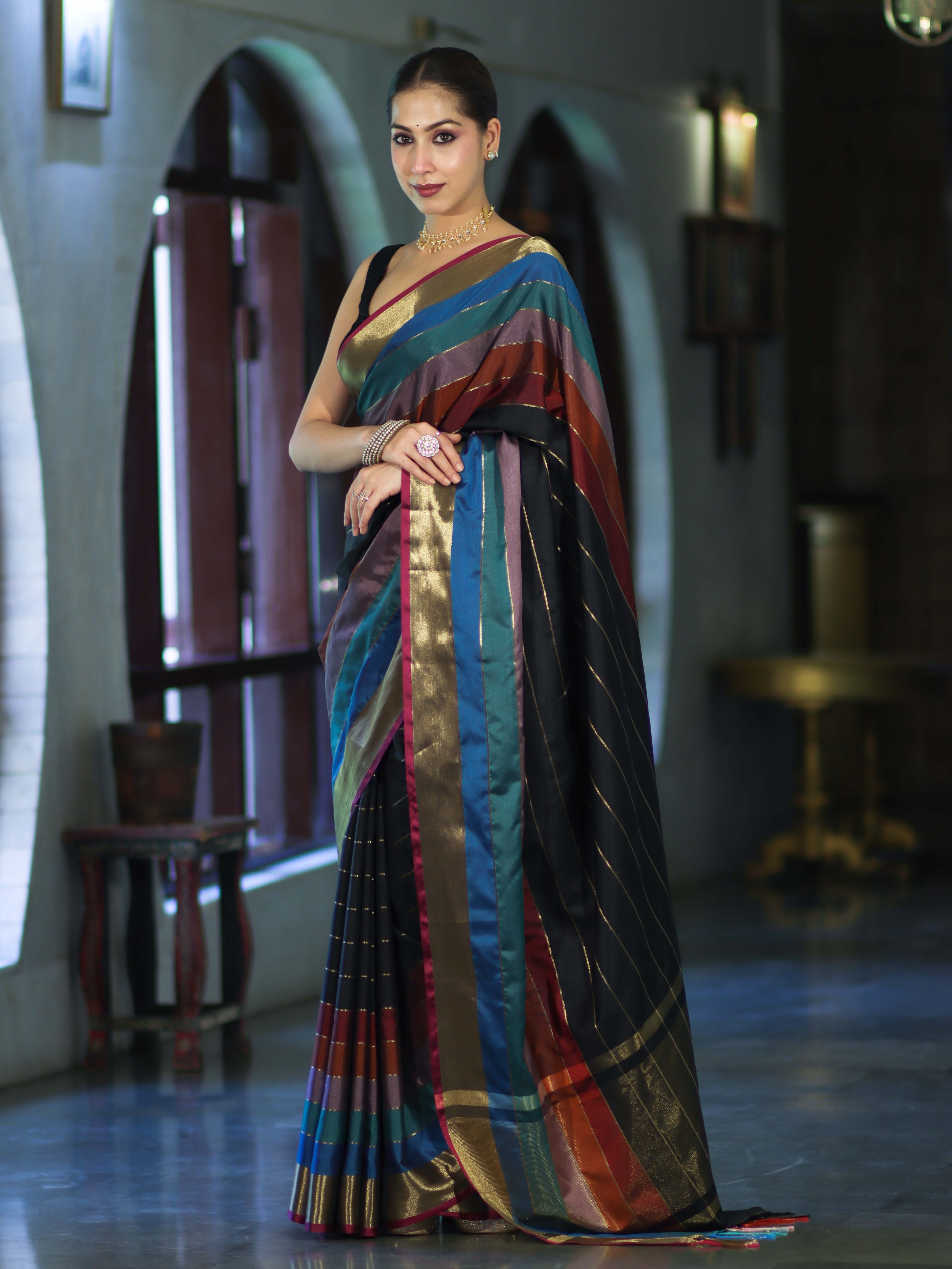 Banarasee Handloom Semi Silk Saree With Stripes Design-Multicolor