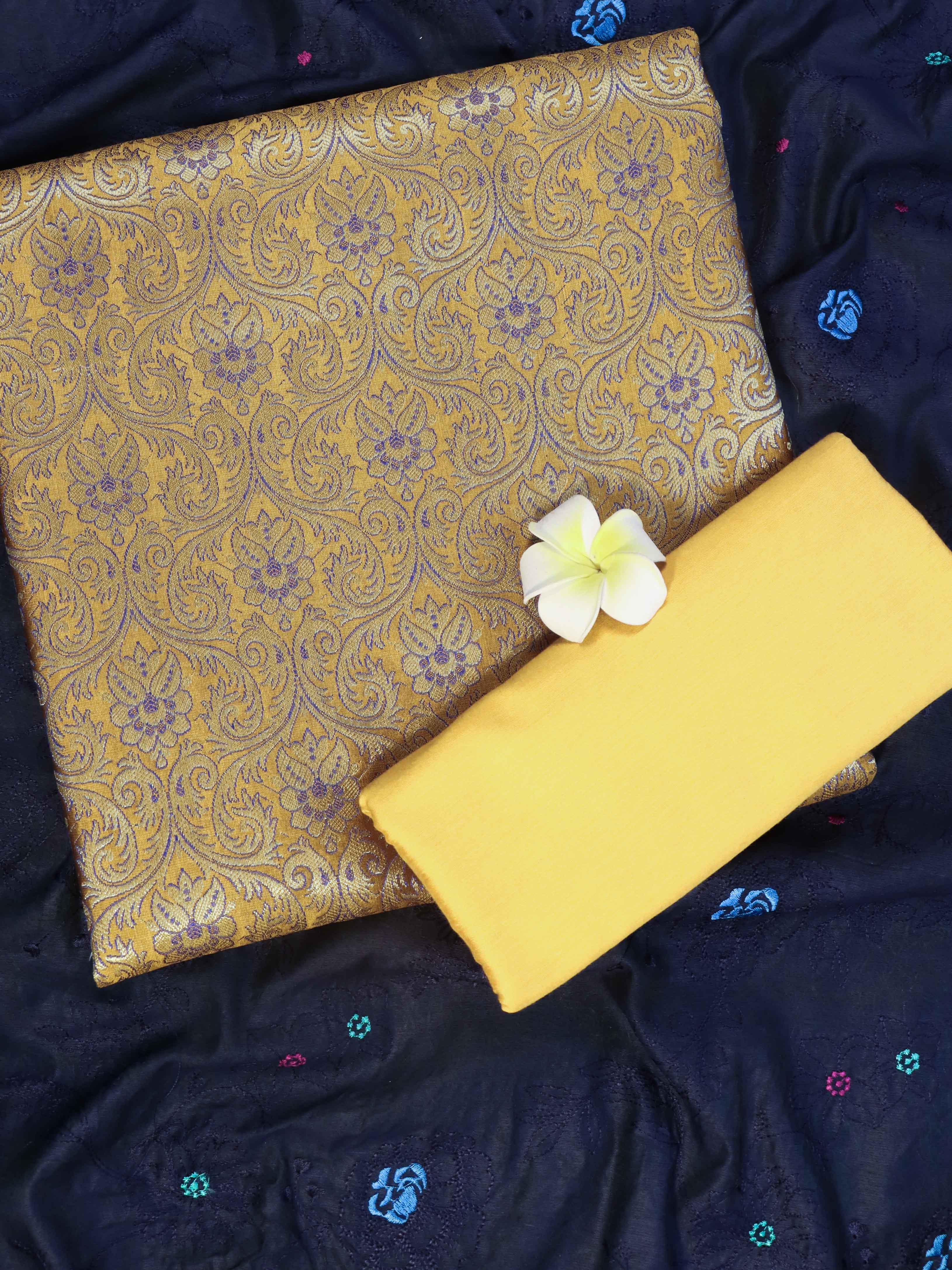 Banarasee Art Silk Salwar Kameez Fabric With Cotton Silk Dupatta Set-Mustard Yellow & Navy Blue
