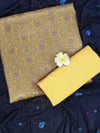 Banarasee Art Silk Salwar Kameez Fabric With Cotton Silk Dupatta Set-Mustard Yellow & Navy Blue
