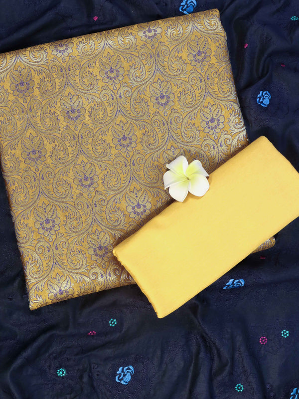Banarasee Art Silk Salwar Kameez Fabric With Cotton Silk Dupatta Set-Mustard Yellow & Navy Blue
