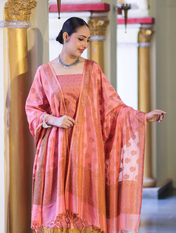 Banarasee Semi Katan Jamewar Weaving Salwar Kameez Fabric With Dupatta Set-Peach