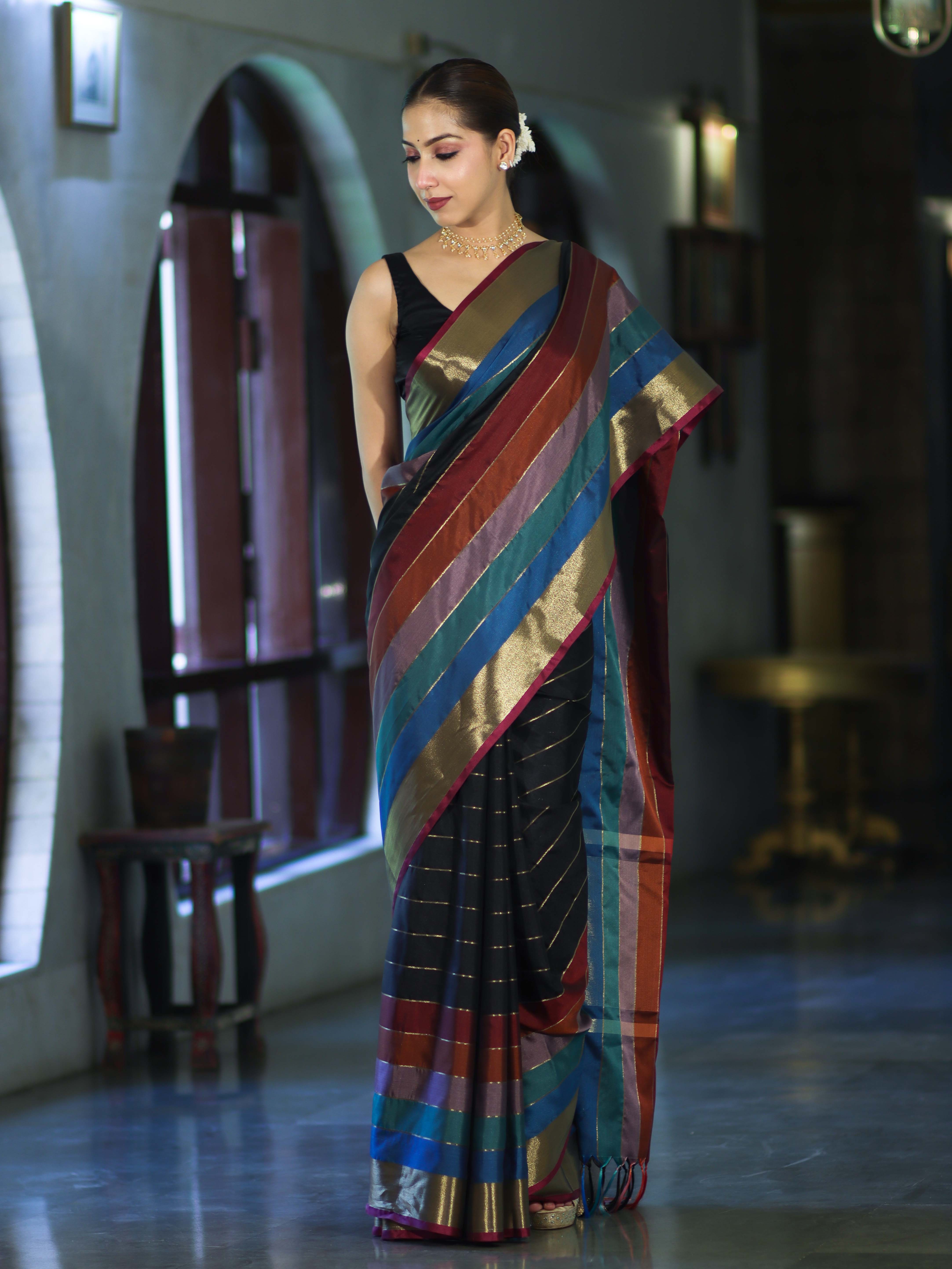 Banarasee Handloom Semi Silk Saree With Stripes Design-Multicolor