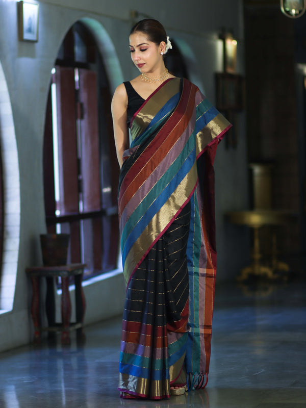 Banarasee Handloom Semi Silk Saree With Stripes Design-Multicolor