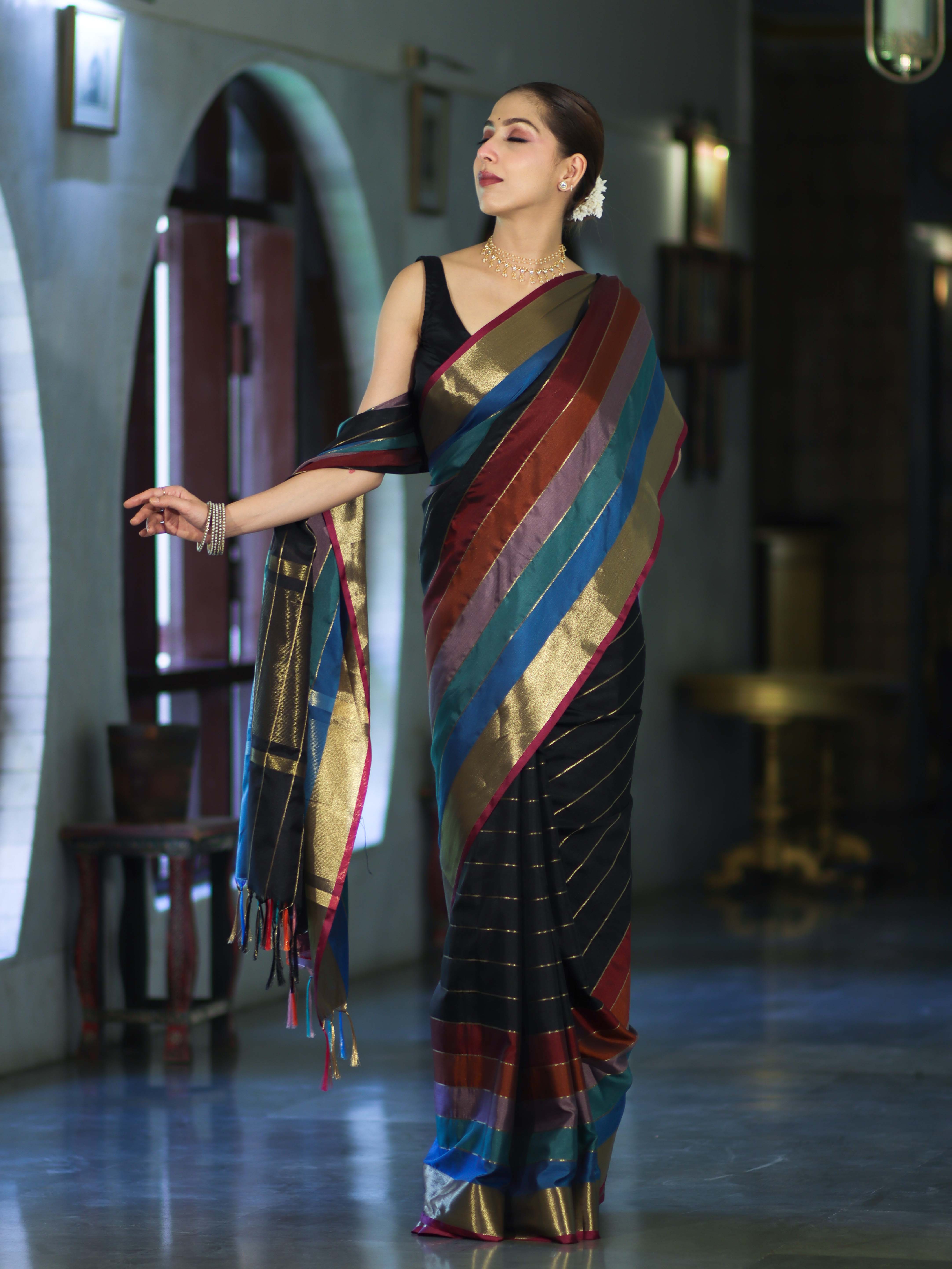 Banarasee Handloom Semi Silk Saree With Stripes Design-Multicolor