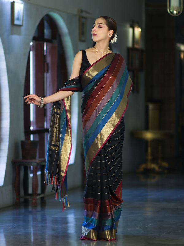 Banarasee Handloom Semi Silk Saree With Stripes Design-Multicolor