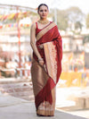 Banarasee Handloom Plain Semi Katan Saree With Ganga Ghat Zari Border-Maroon