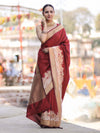Banarasee Handloom Plain Semi Katan Saree With Ganga Ghat Zari Border-Maroon