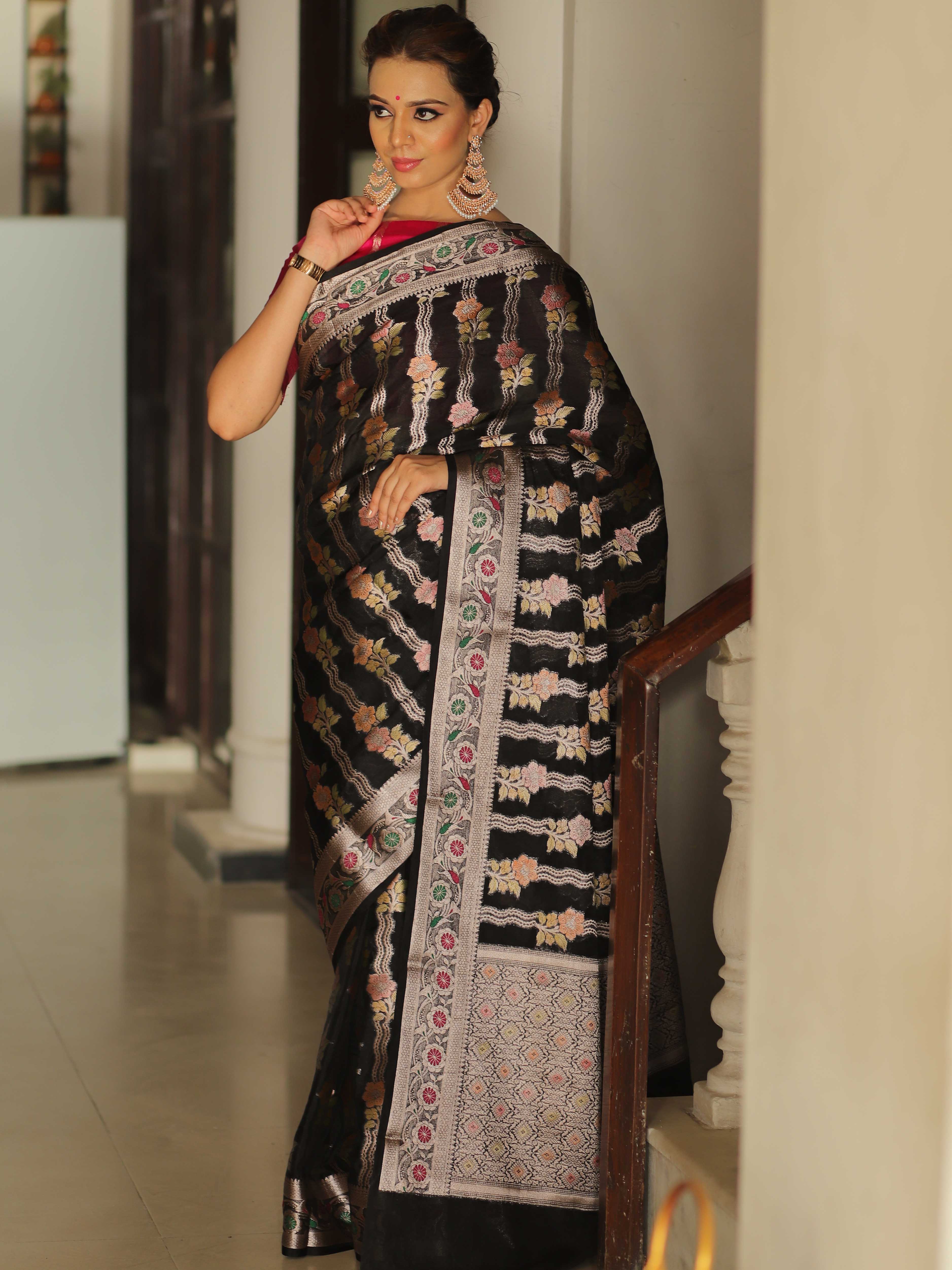 Banarasee Handwoven Semi Silk Saree With Hand-Painted Work-Black