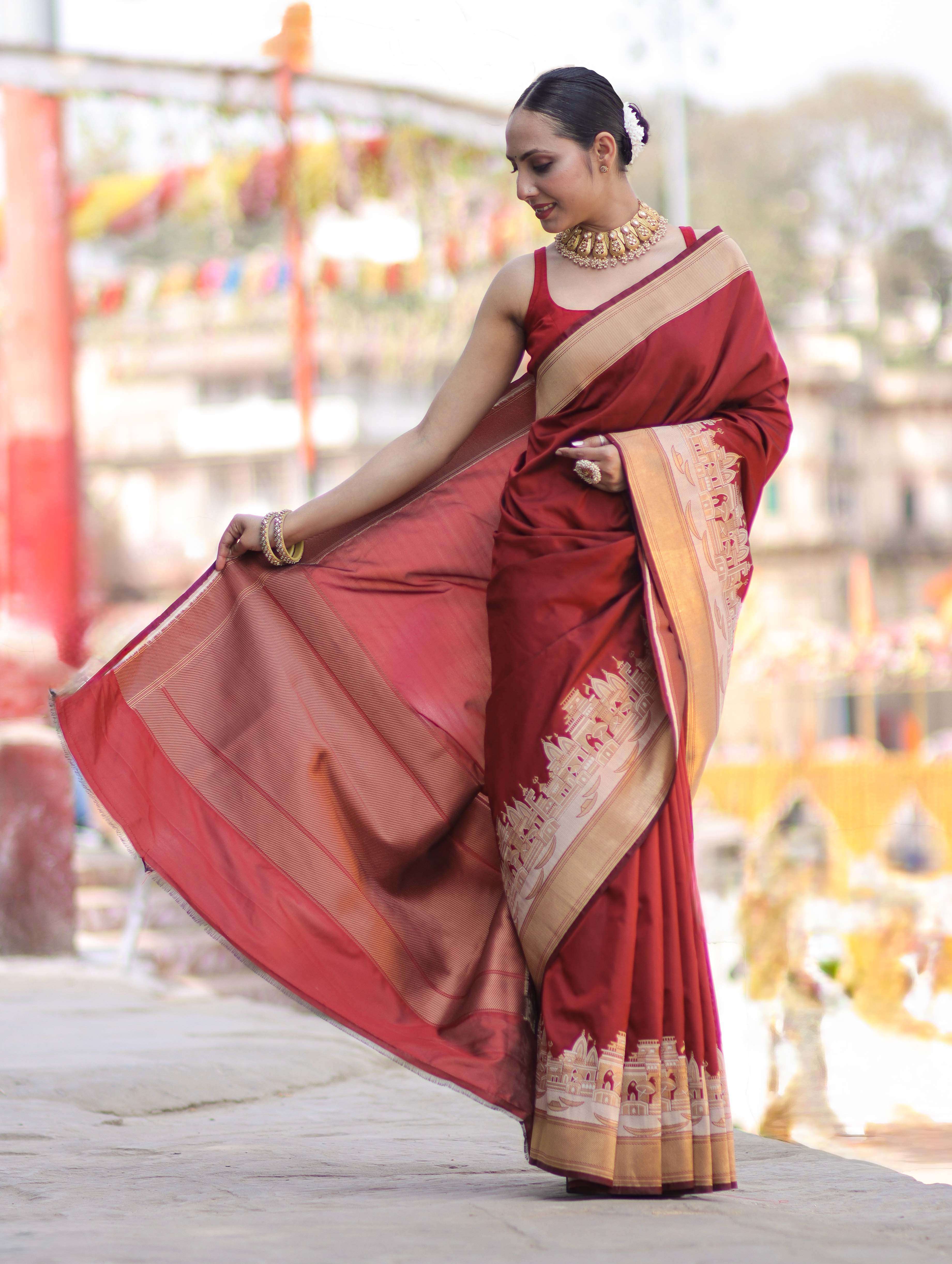 Banarasee Handloom Plain Semi Katan Saree With Ganga Ghat Zari Border-Maroon