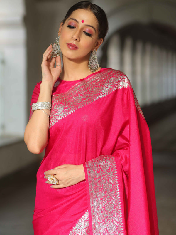 Banarasee Handwoven Faux Georgette Saree With Silver Zari Design-Pink