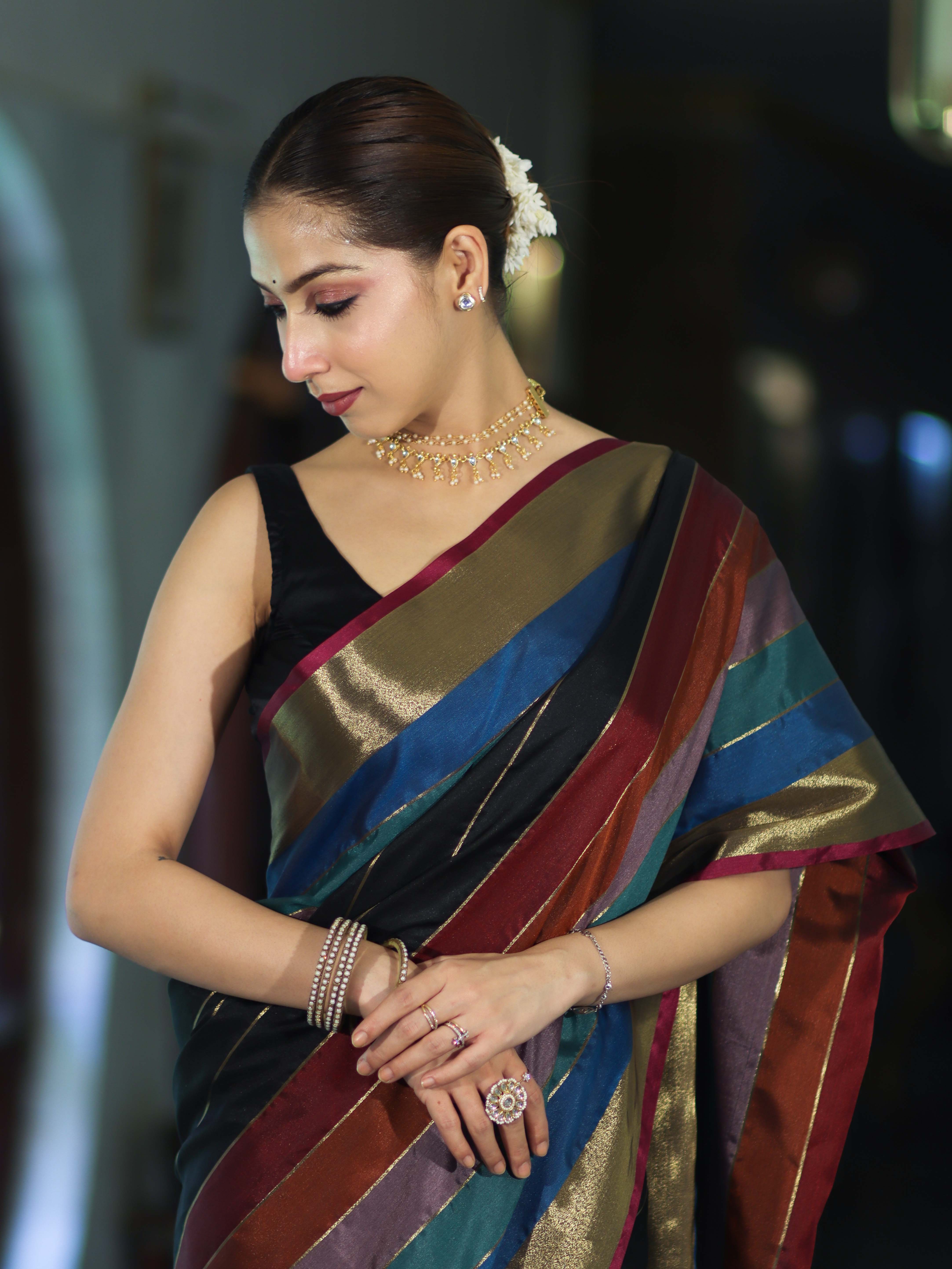 Banarasee Handloom Semi Silk Saree With Stripes Design-Multicolor