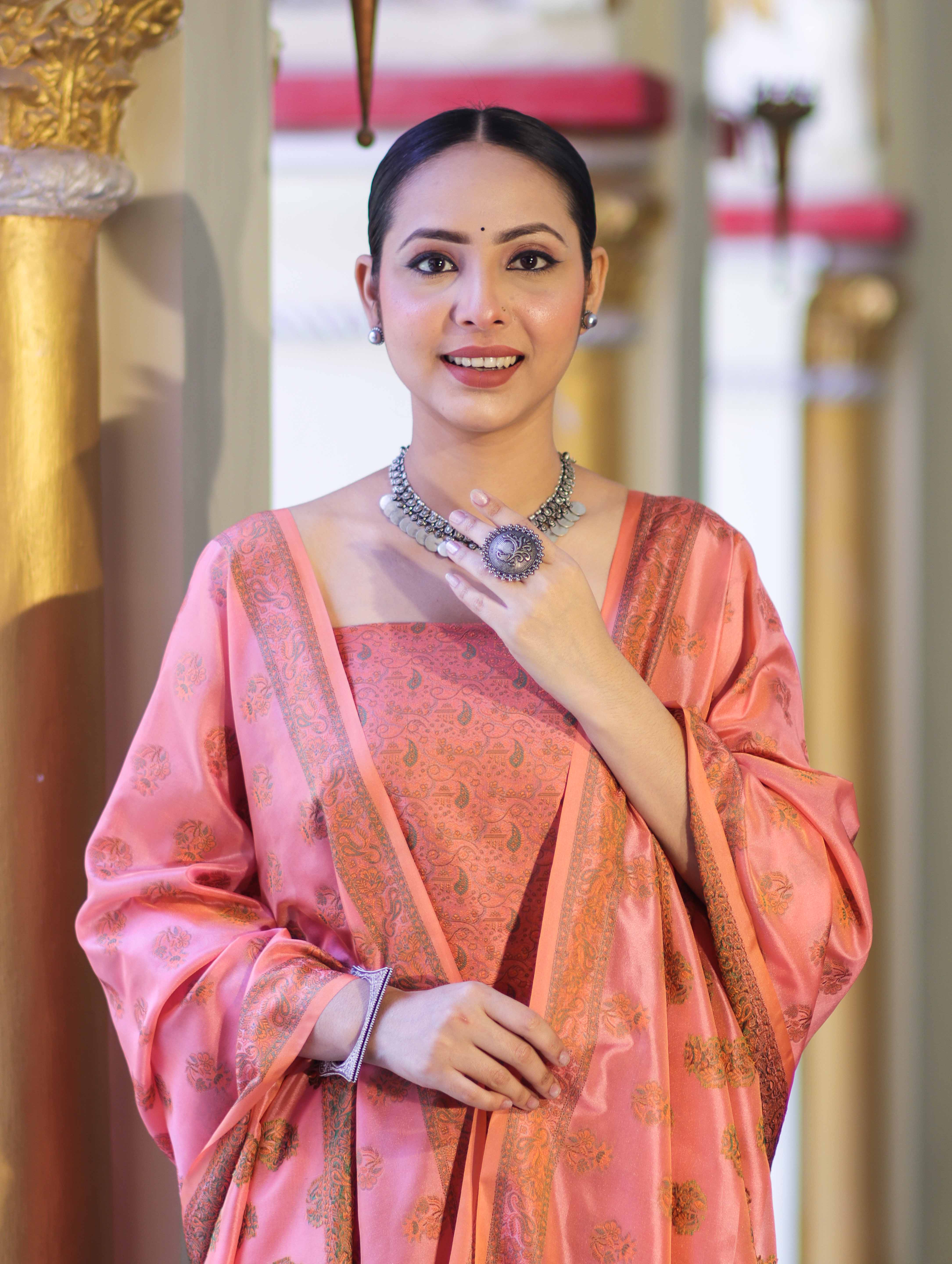 Banarasee Semi Katan Jamewar Weaving Salwar Kameez Fabric With Dupatta Set-Peach