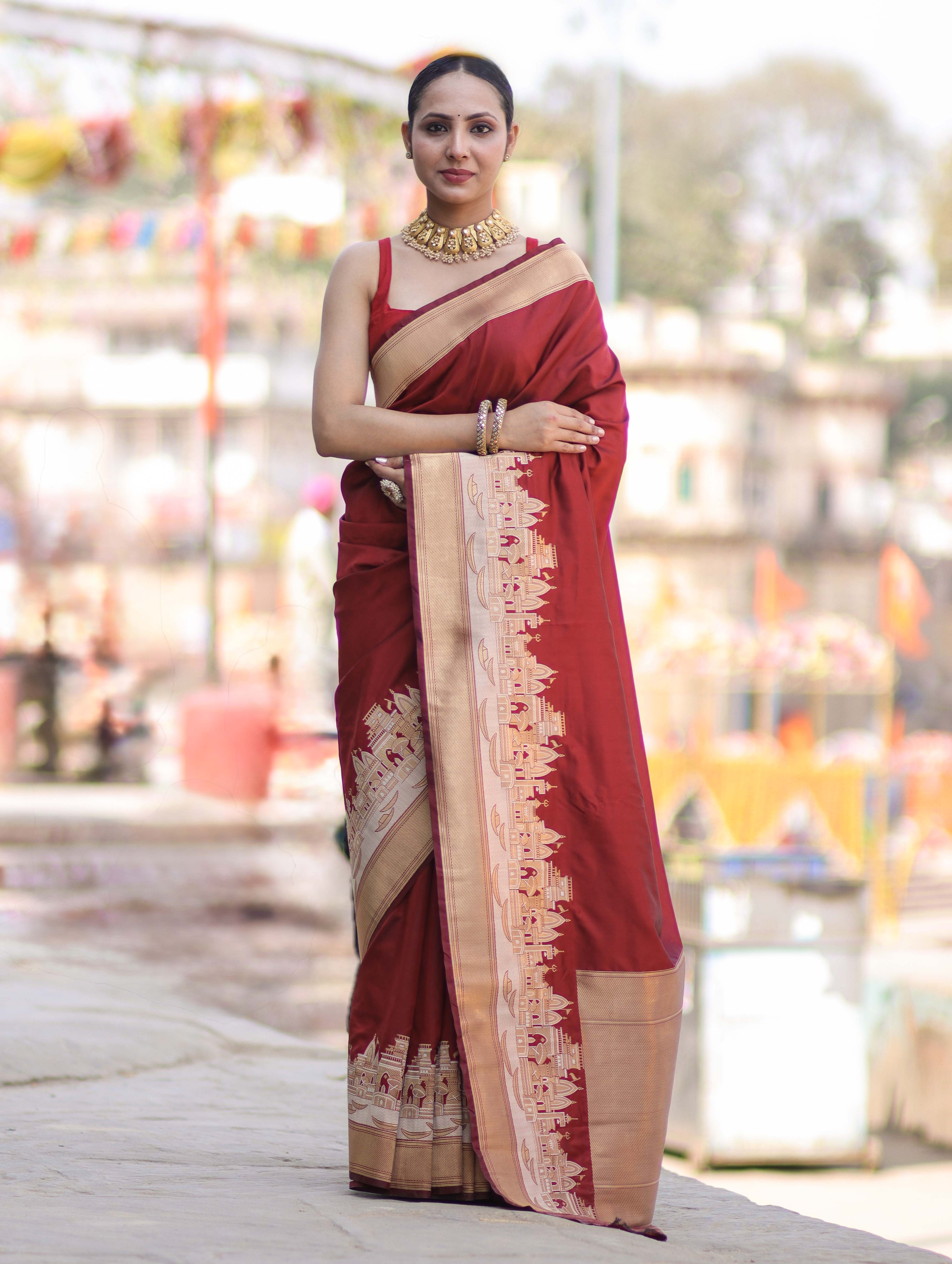 Banarasee Handloom Plain Semi Katan Saree With Ganga Ghat Zari Border-Maroon