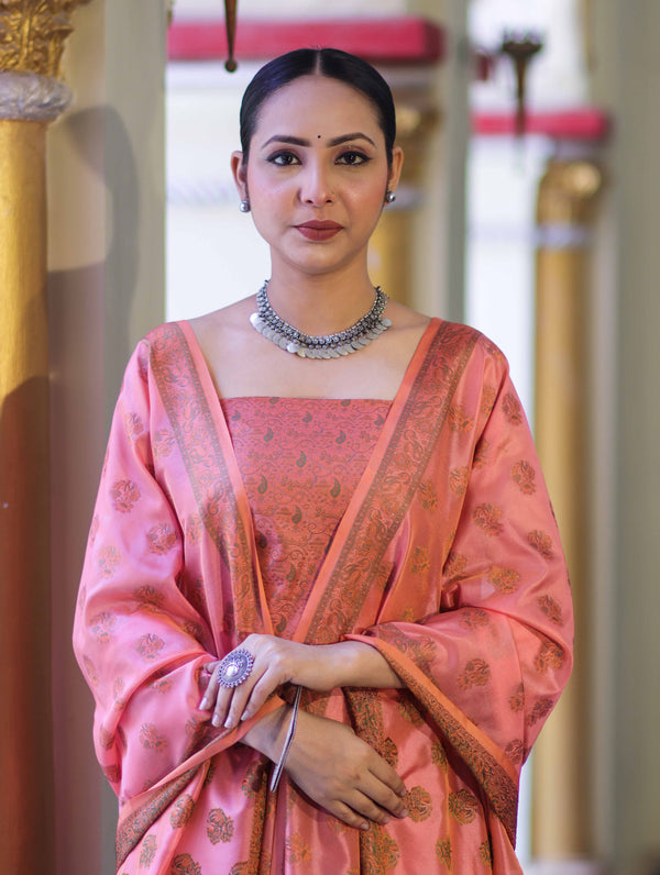 Banarasee Semi Katan Jamewar Weaving Salwar Kameez Fabric With Dupatta Set-Peach