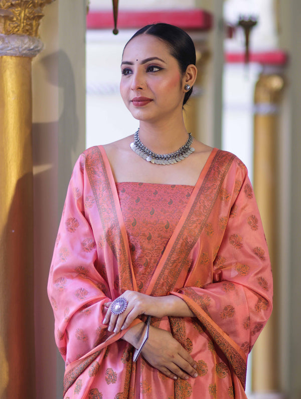 Banarasee Semi Katan Jamewar Weaving Salwar Kameez Fabric With Dupatta Set-Peach