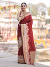 Banarasee Handloom Plain Semi Katan Saree With Ganga Ghat Zari Border-Maroon