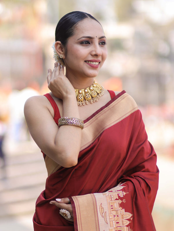 Banarasee Handloom Plain Semi Katan Saree With Ganga Ghat Zari Border-Maroon