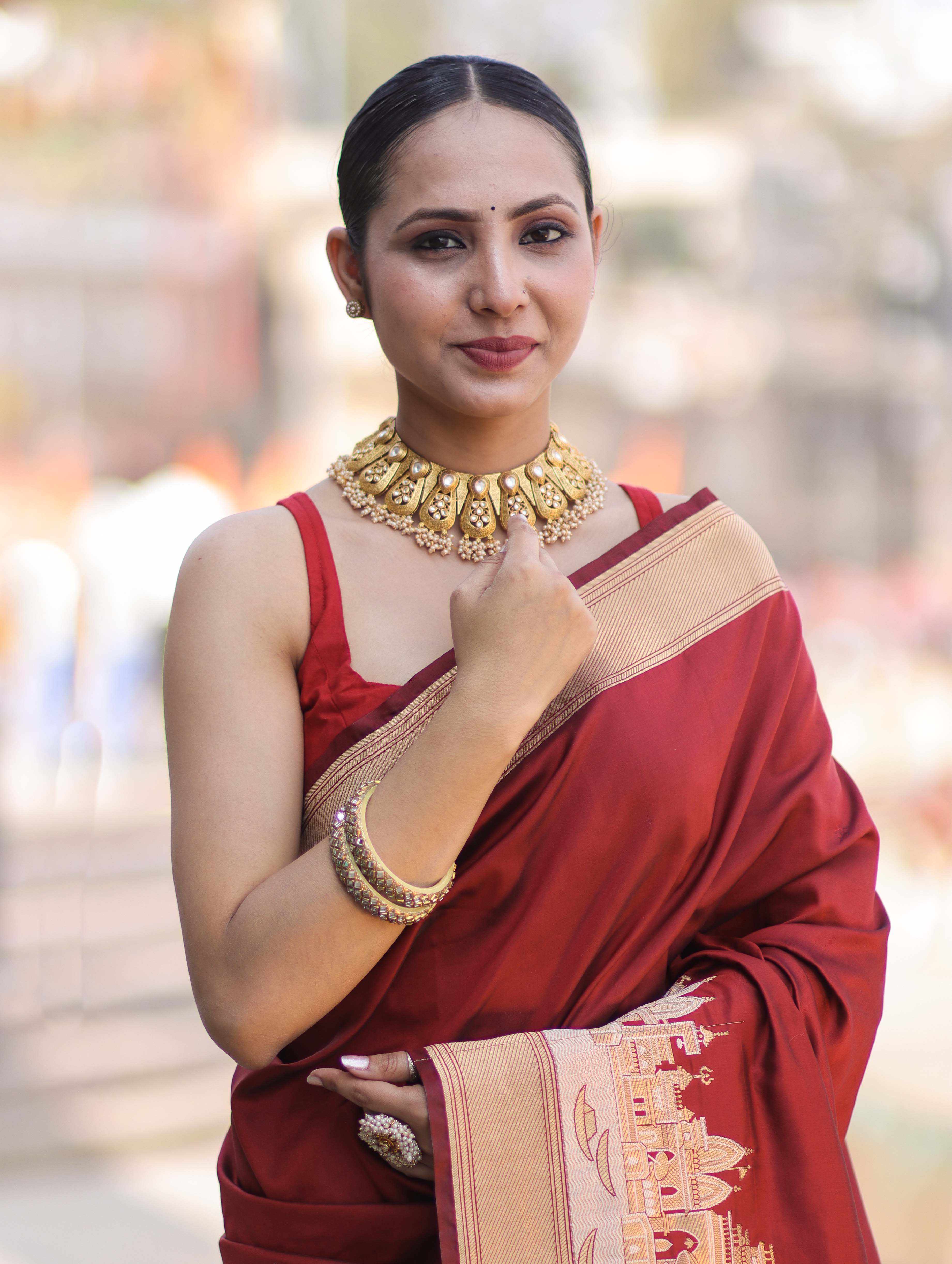 Banarasee Handloom Plain Semi Katan Saree With Ganga Ghat Zari Border-Maroon