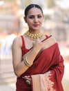 Banarasee Handloom Plain Semi Katan Saree With Ganga Ghat Zari Border-Maroon