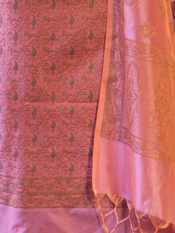 Banarasee Semi Katan Jamewar Weaving Salwar Kameez Fabric With Dupatta Set-Peach