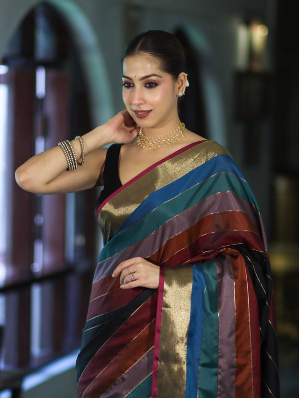 Banarasee Handloom Semi Silk Saree With Stripes Design-Multicolor