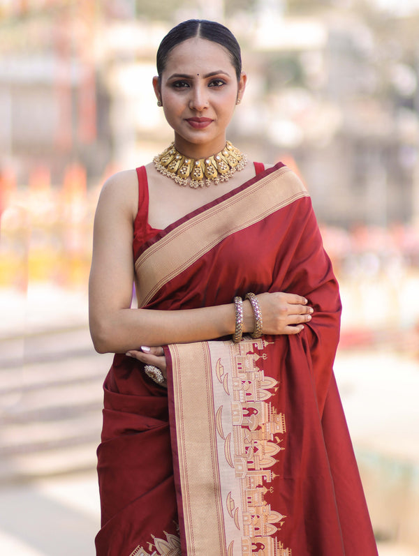 Banarasee Handloom Plain Semi Katan Saree With Ganga Ghat Zari Border-Maroon