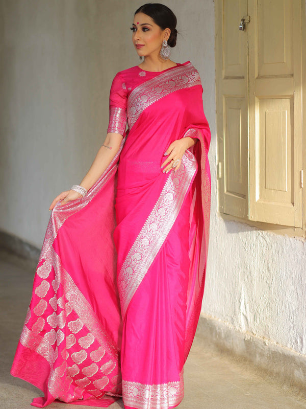 Banarasee Handwoven Faux Georgette Saree With Silver Zari Design-Pink