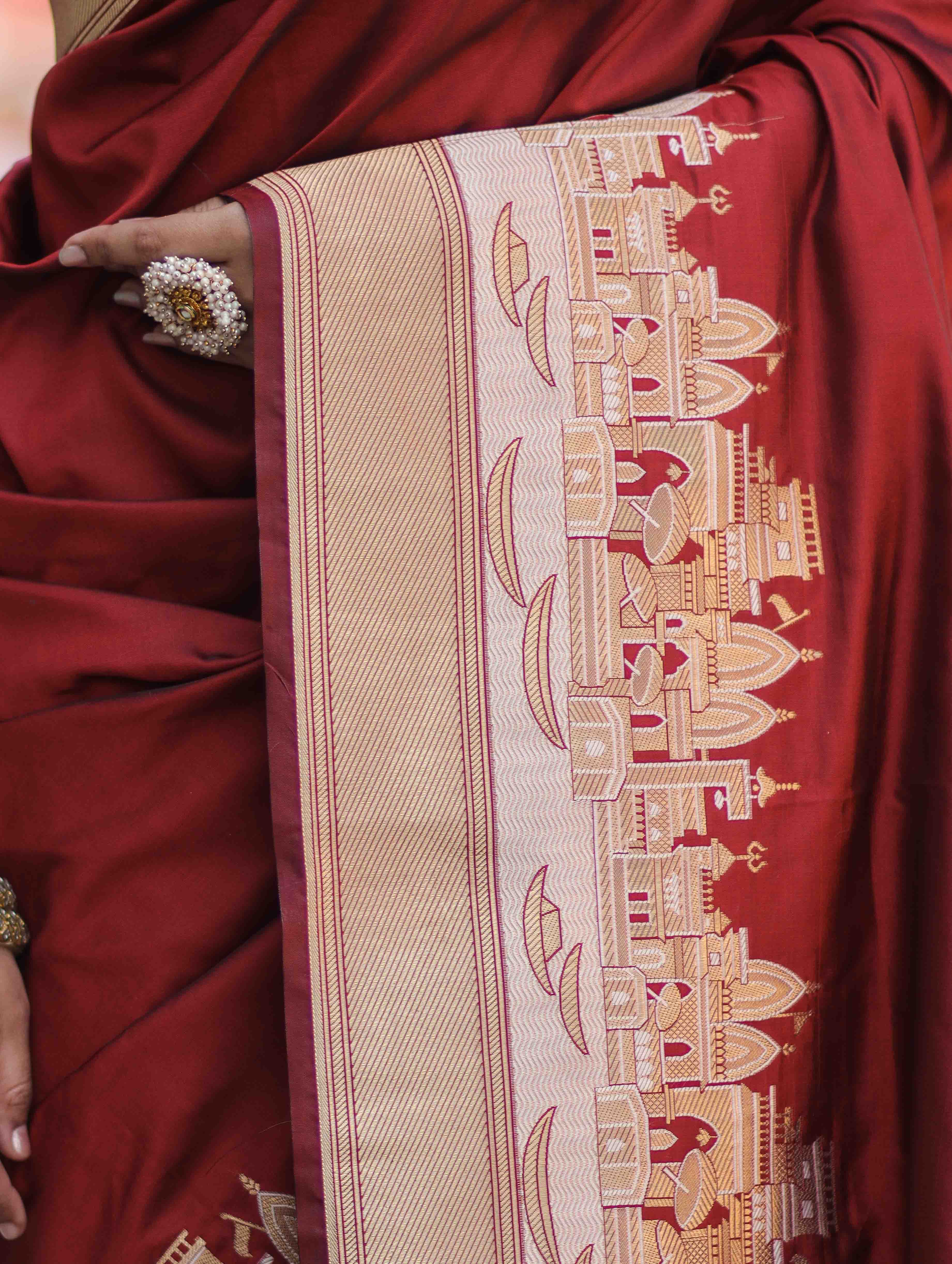 Banarasee Handloom Plain Semi Katan Saree With Ganga Ghat Zari Border-Maroon