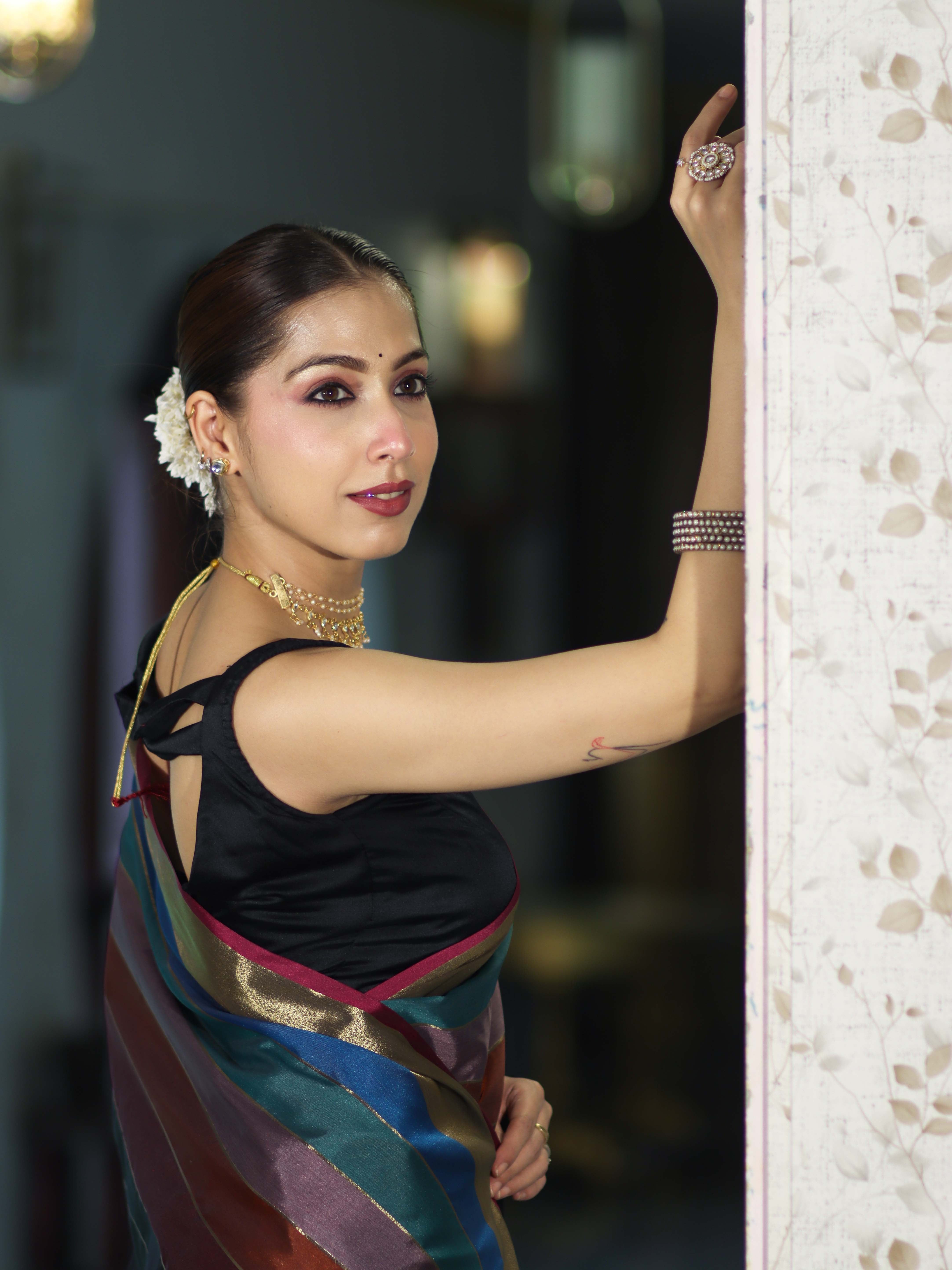 Banarasee Handloom Semi Silk Saree With Stripes Design-Multicolor