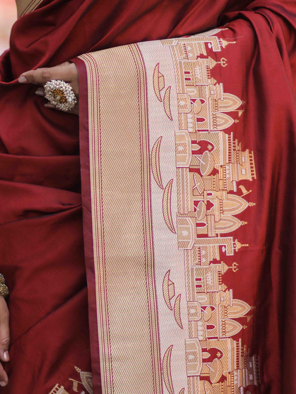 Banarasee Handloom Plain Semi Katan Saree With Ganga Ghat Zari Border-Maroon