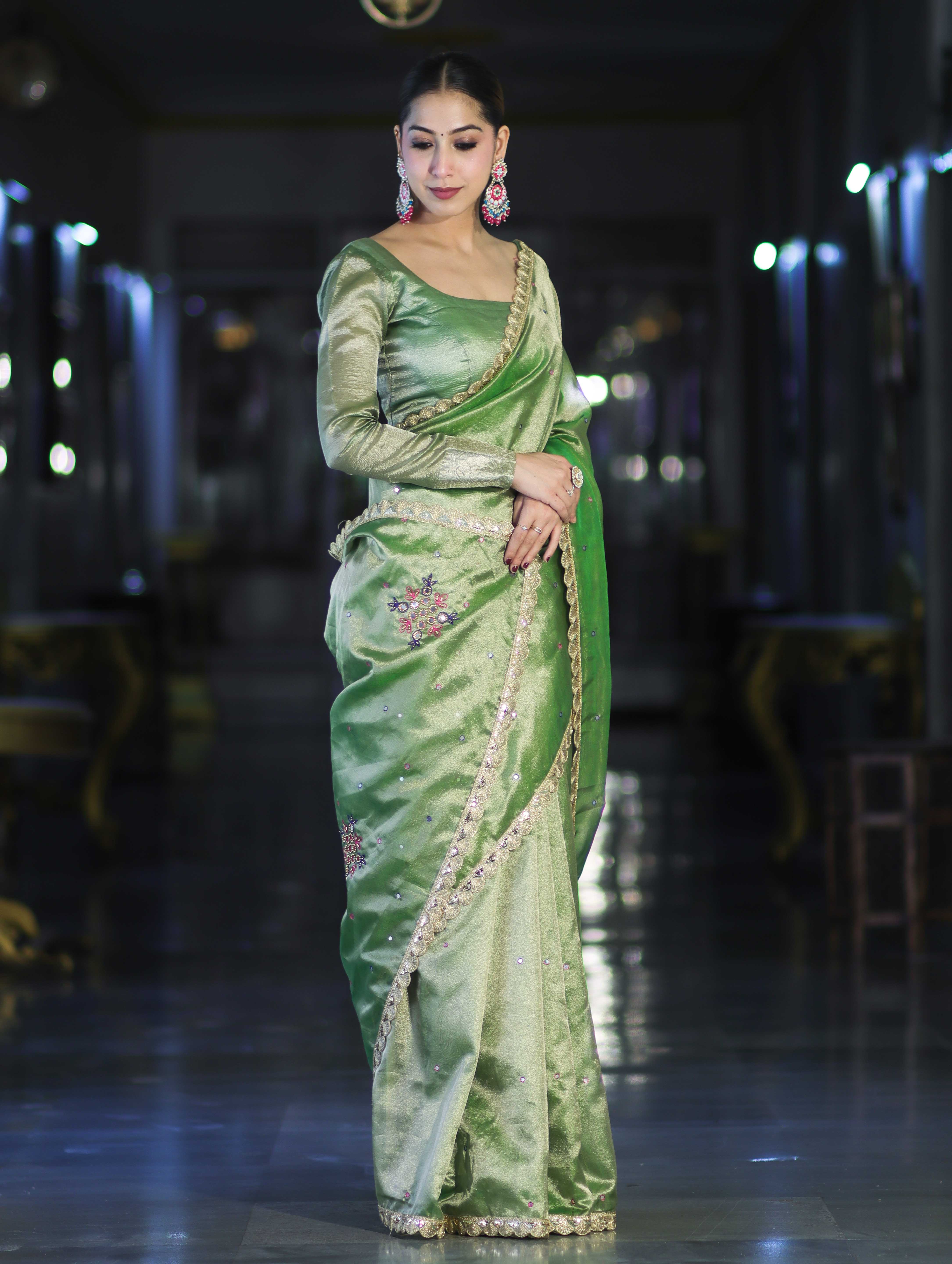 Banarasee Handwoven Tissue Saree With Handwoven Pearl Motifs & Lace-Light Green