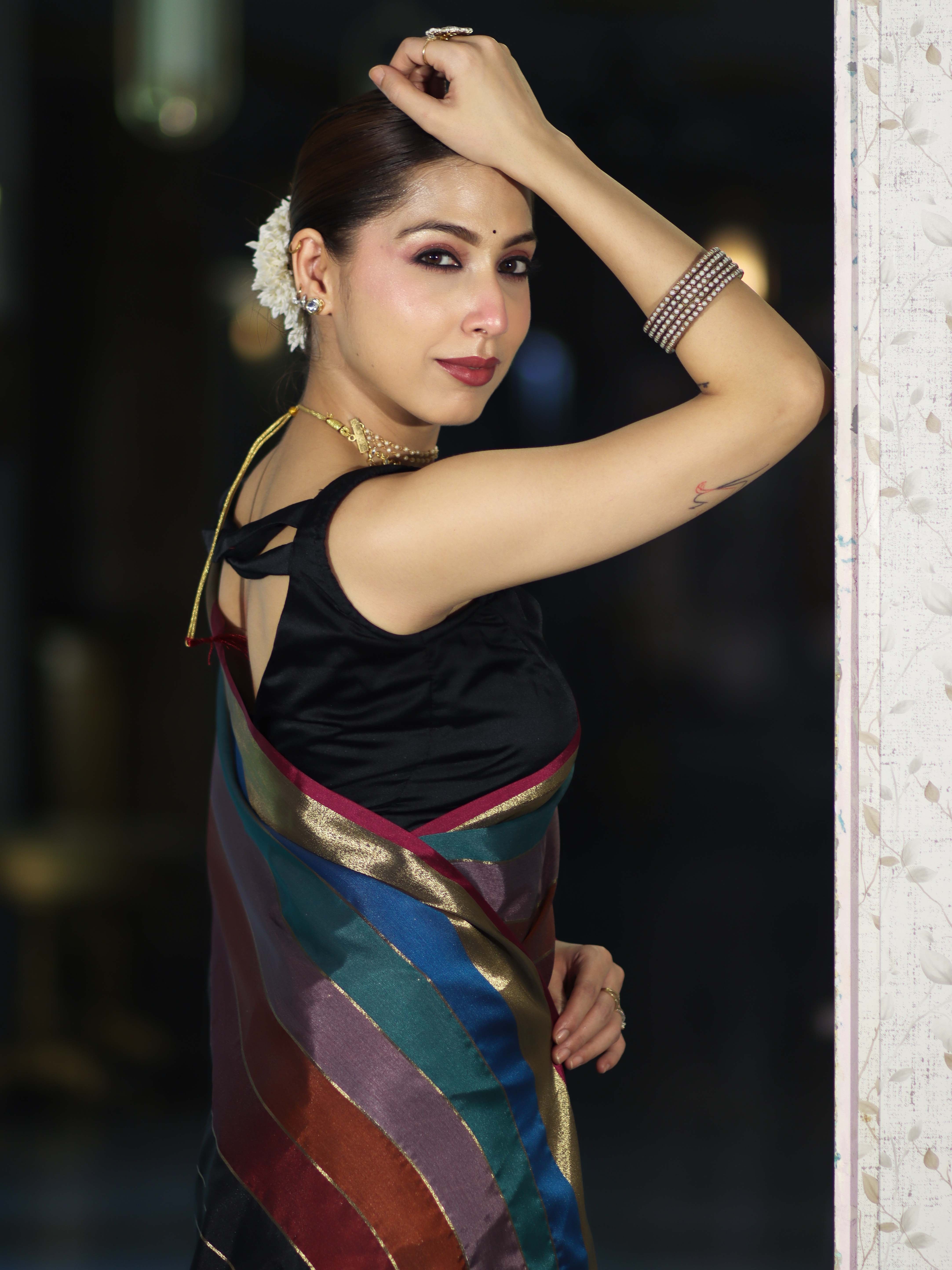 Banarasee Handloom Semi Silk Saree With Stripes Design-Multicolor