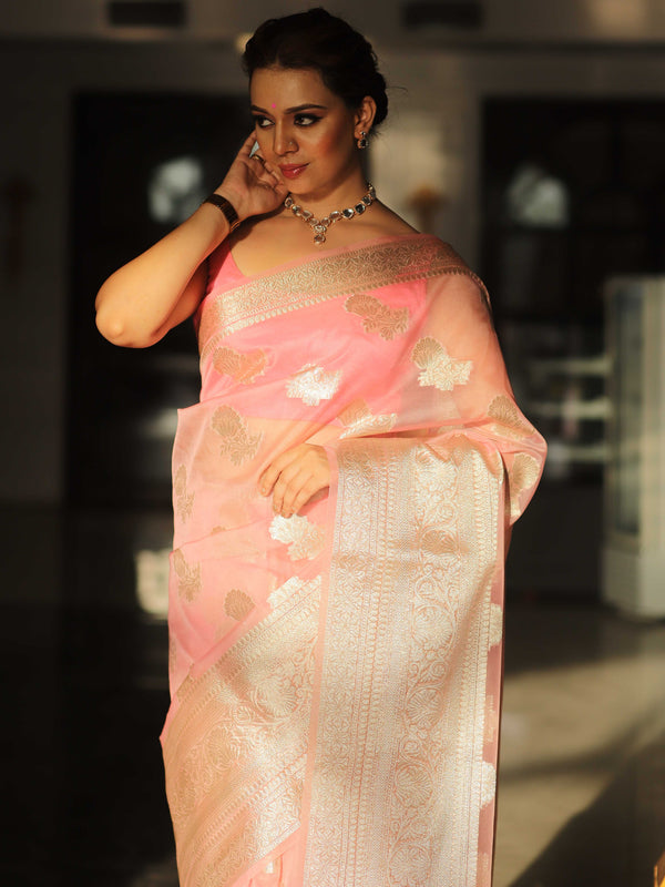 Banarasee Organza Mix Saree With Silver Zari-Pink