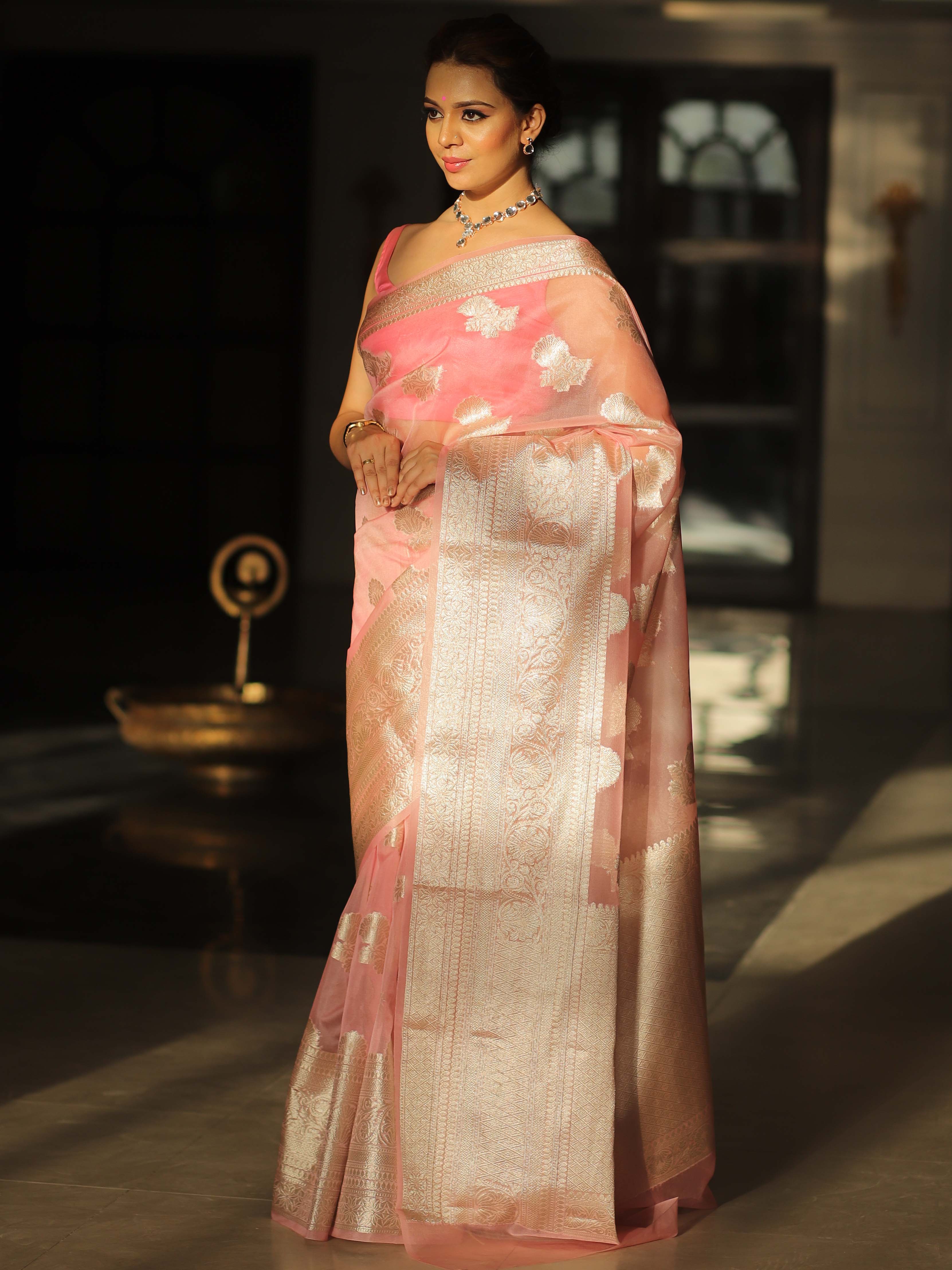 Banarasee Organza Mix Saree With Silver Zari-Pink