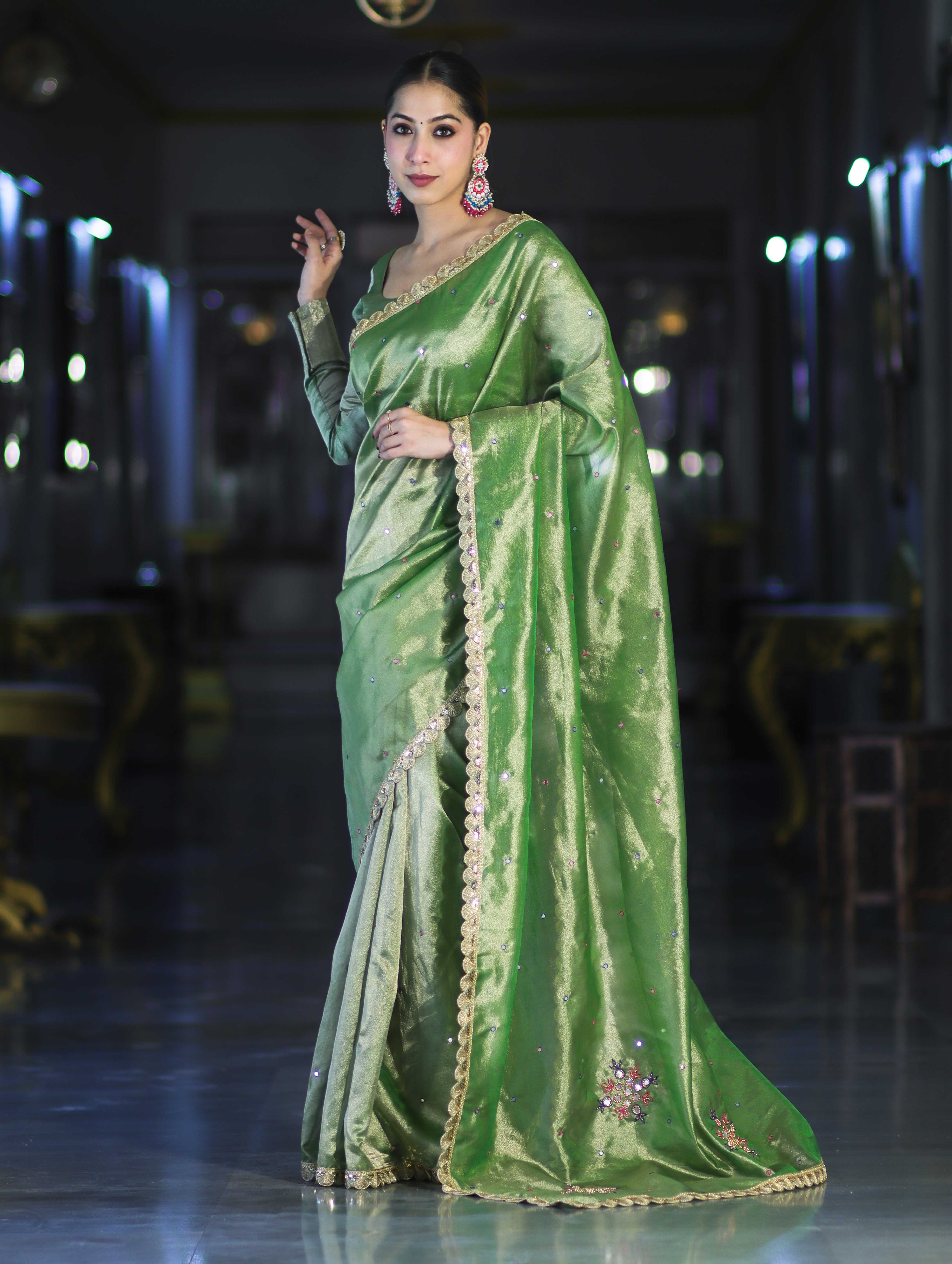 Banarasee Handwoven Tissue Saree With Handwoven Pearl Motifs & Lace-Light Green