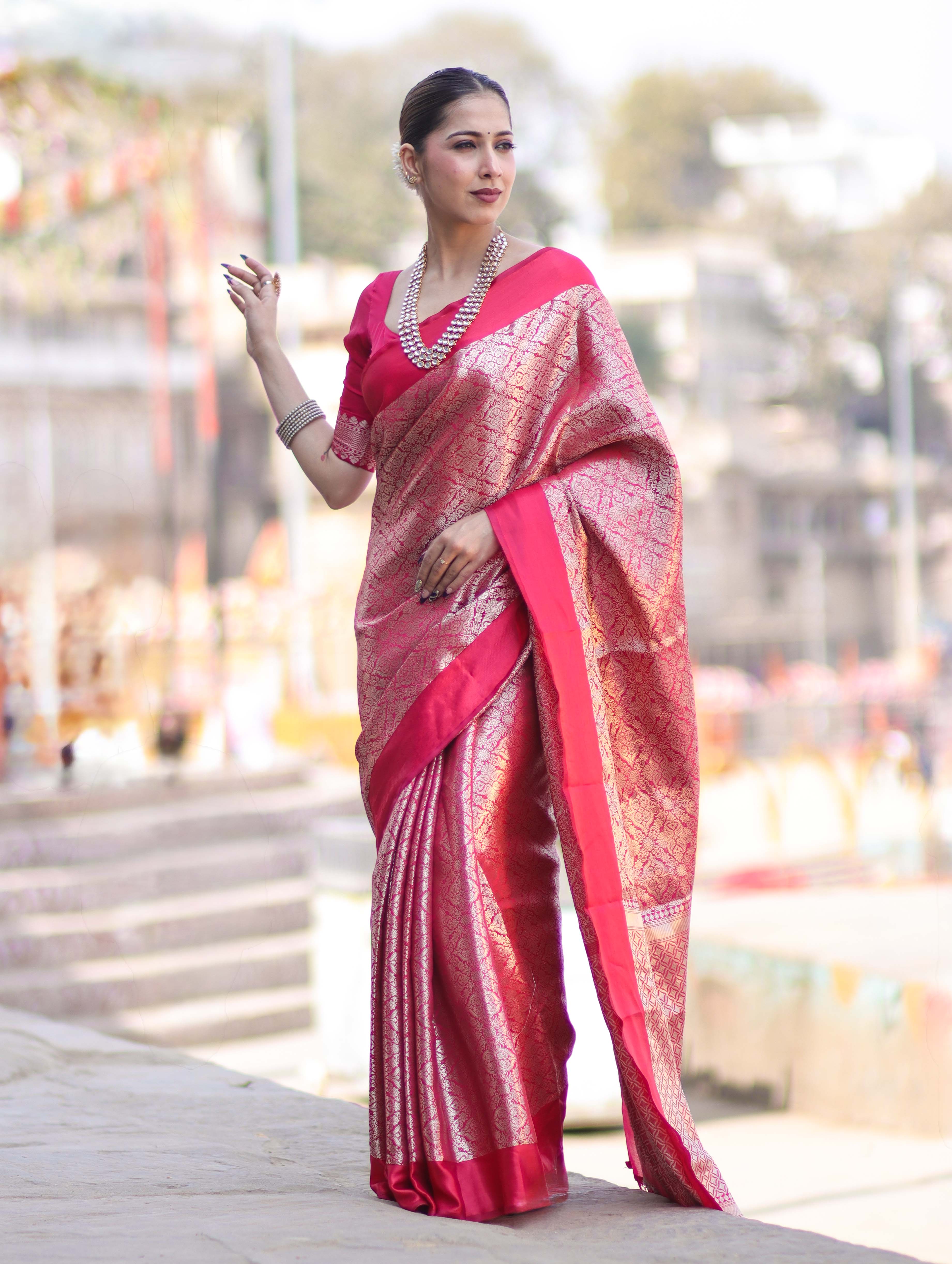 Banarasee Handloom Semi Katan Saree With Tanchoi Design-Pink