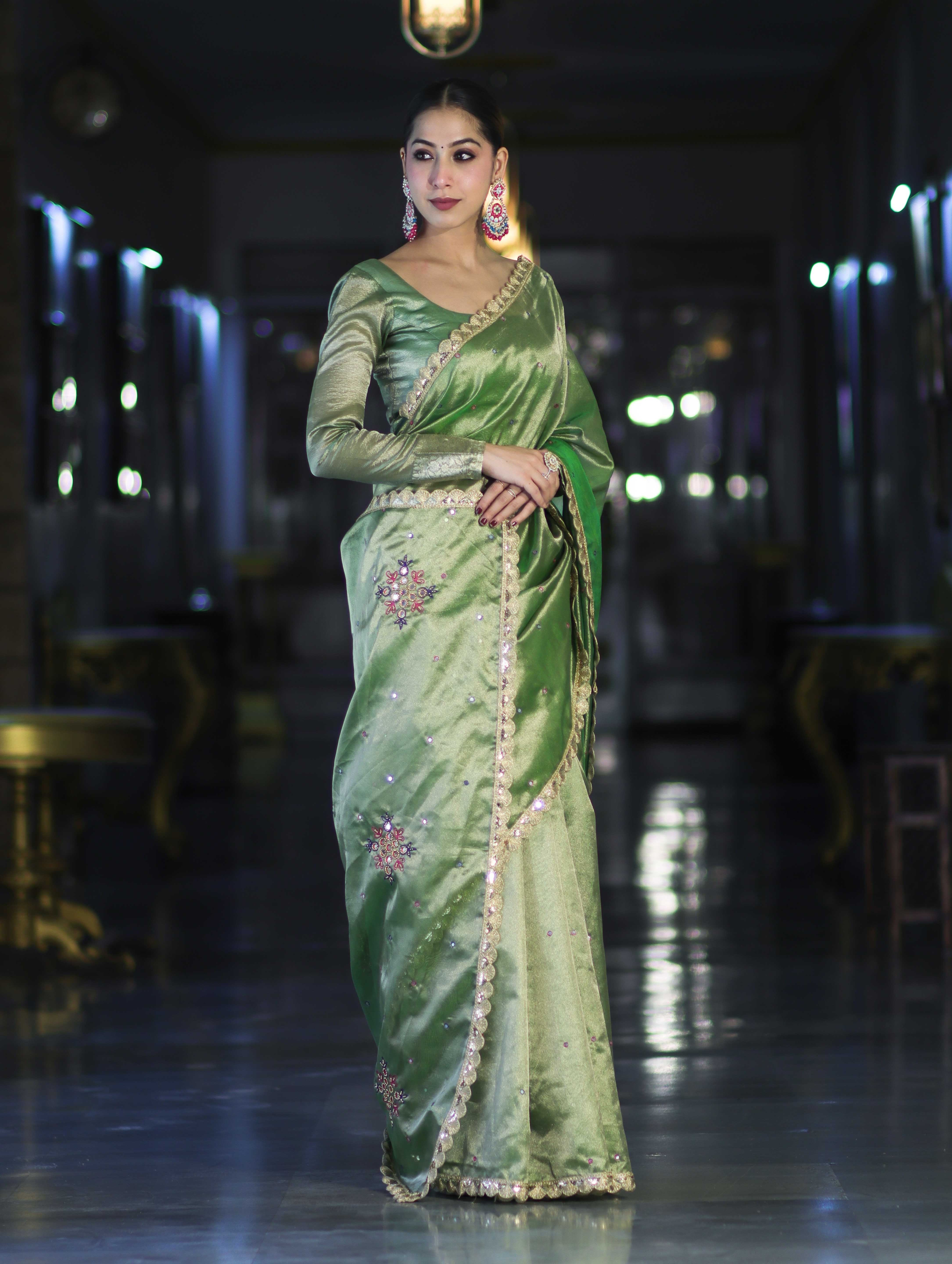 Banarasee Handwoven Tissue Saree With Handwoven Pearl Motifs & Lace-Light Green