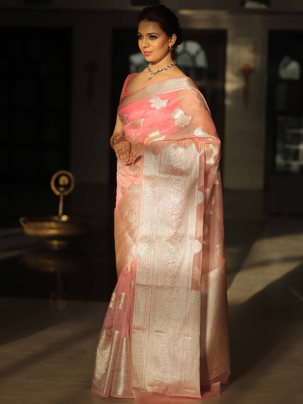 Banarasee Organza Mix Saree With Silver Zari-Pink