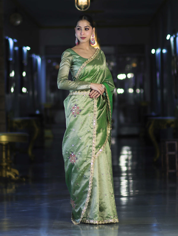 Banarasee Handwoven Tissue Saree With Handwoven Pearl Motifs & Lace-Light Green