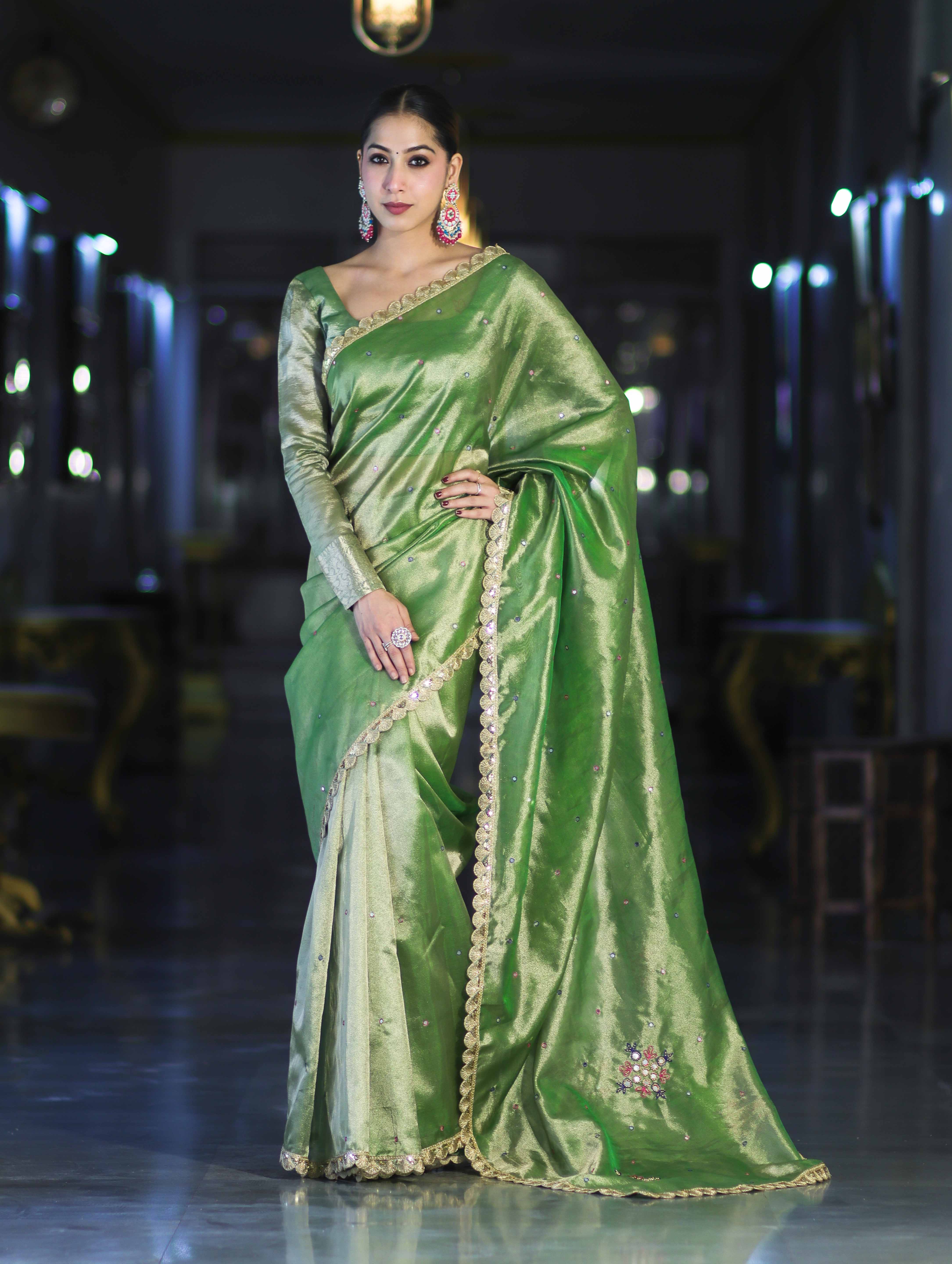 Banarasee Handwoven Tissue Saree With Handwoven Pearl Motifs & Lace-Light Green