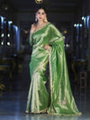 Banarasee Handwoven Tissue Saree With Handwoven Pearl Motifs & Lace-Light Green