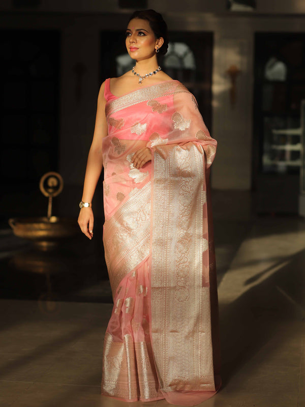 Banarasee Organza Mix Saree With Silver Zari-Pink