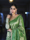 Banarasee Handwoven Tissue Saree With Handwoven Pearl Motifs & Lace-Light Green