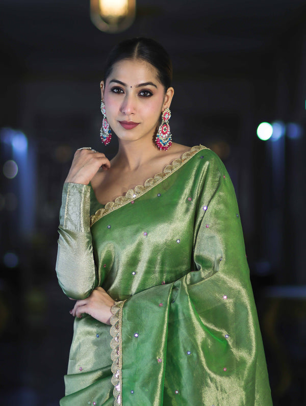 Banarasee Handwoven Tissue Saree With Handwoven Pearl Motifs & Lace-Light Green