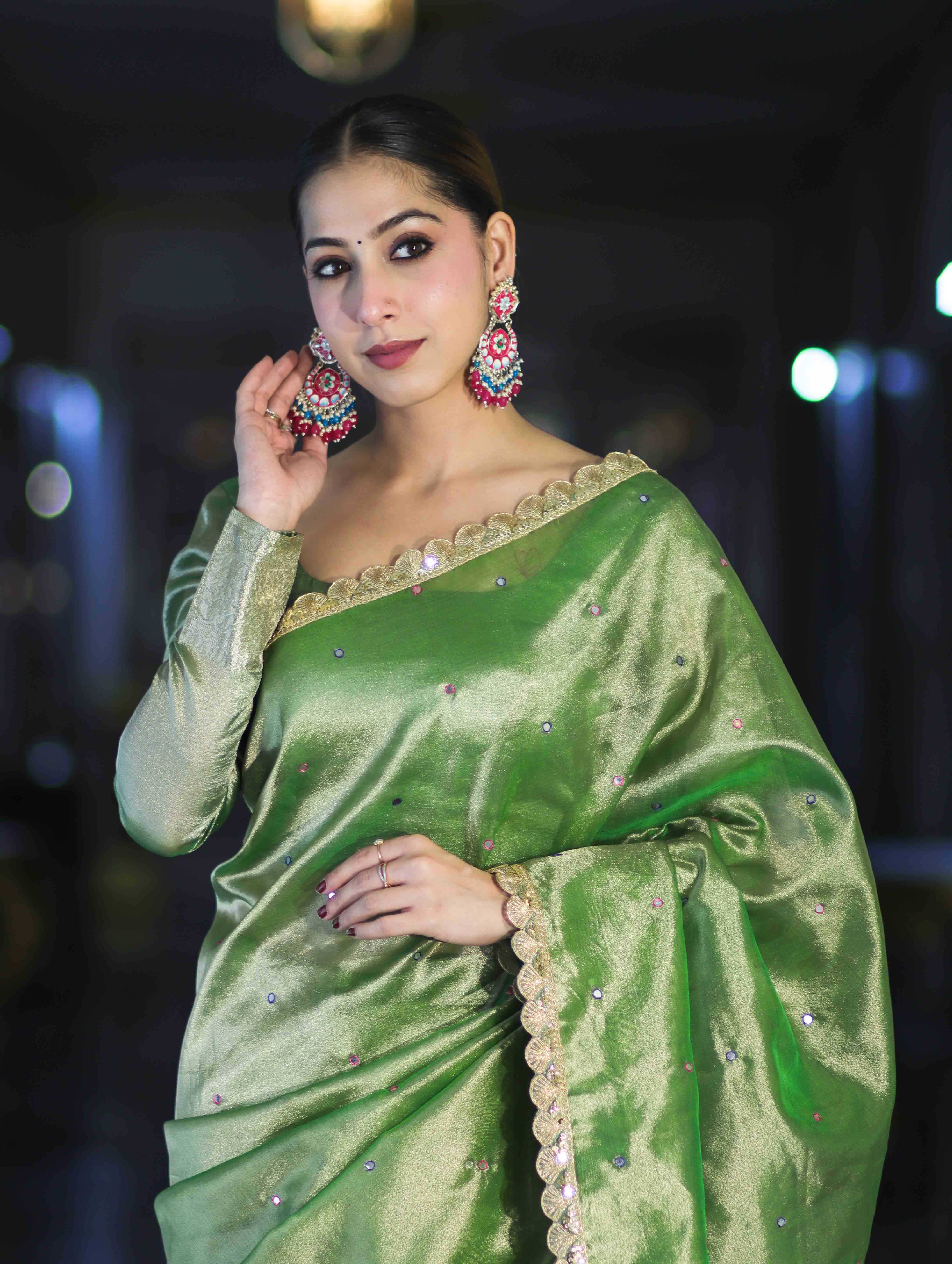 Banarasee Handwoven Tissue Saree With Handwoven Pearl Motifs & Lace-Light Green