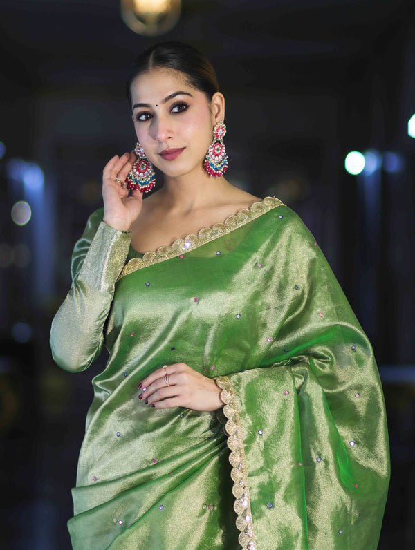 Banarasee Handwoven Tissue Saree With Handwoven Pearl Motifs & Lace-Light Green