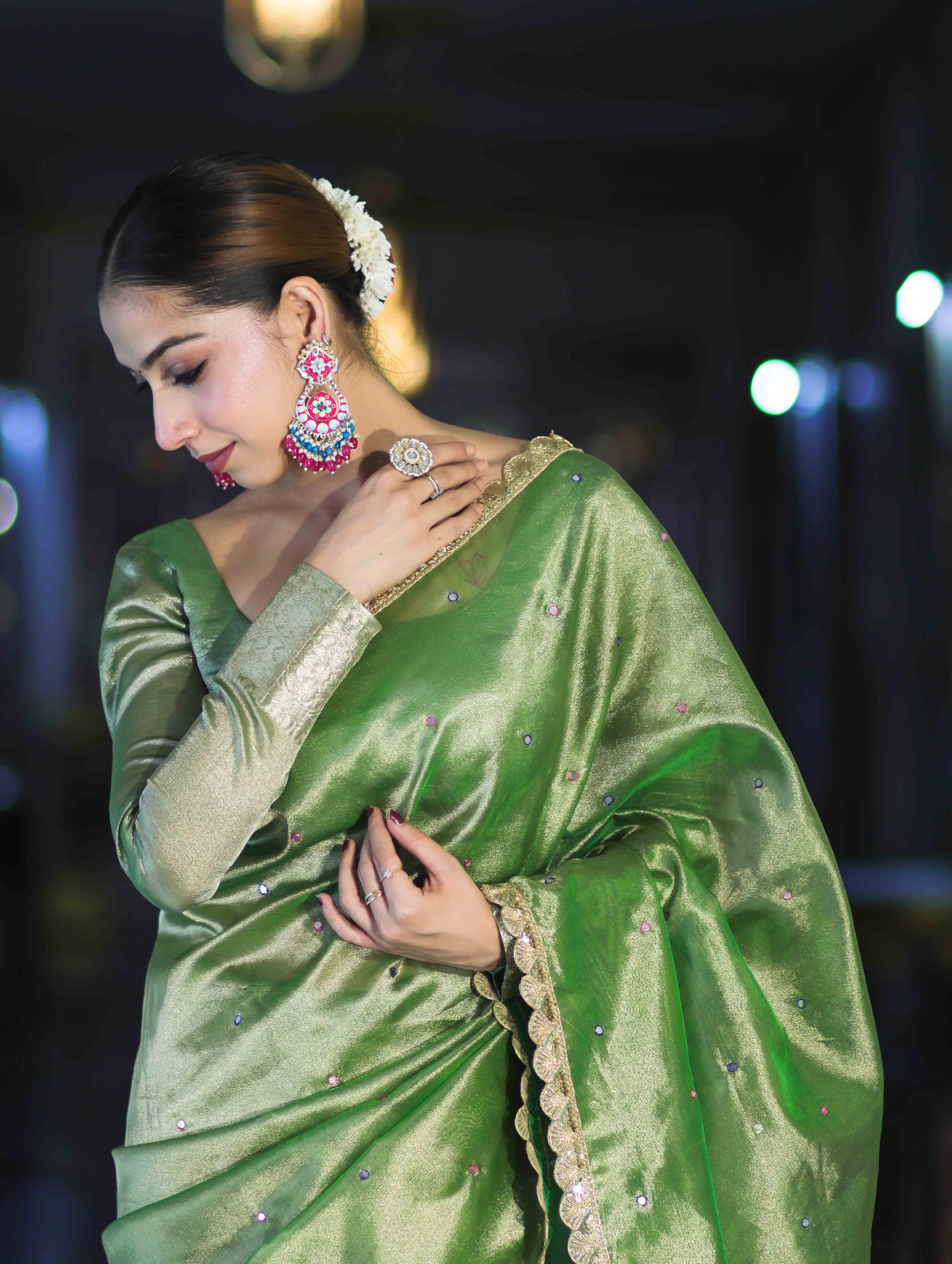 Banarasee Handwoven Tissue Saree With Handwoven Pearl Motifs & Lace-Light Green