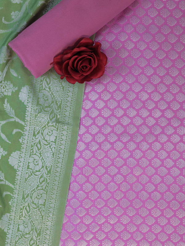 Banarasee Brocade Salwar Kameez Fabric With Cotton Silk Dupatta-Light Pink & Green