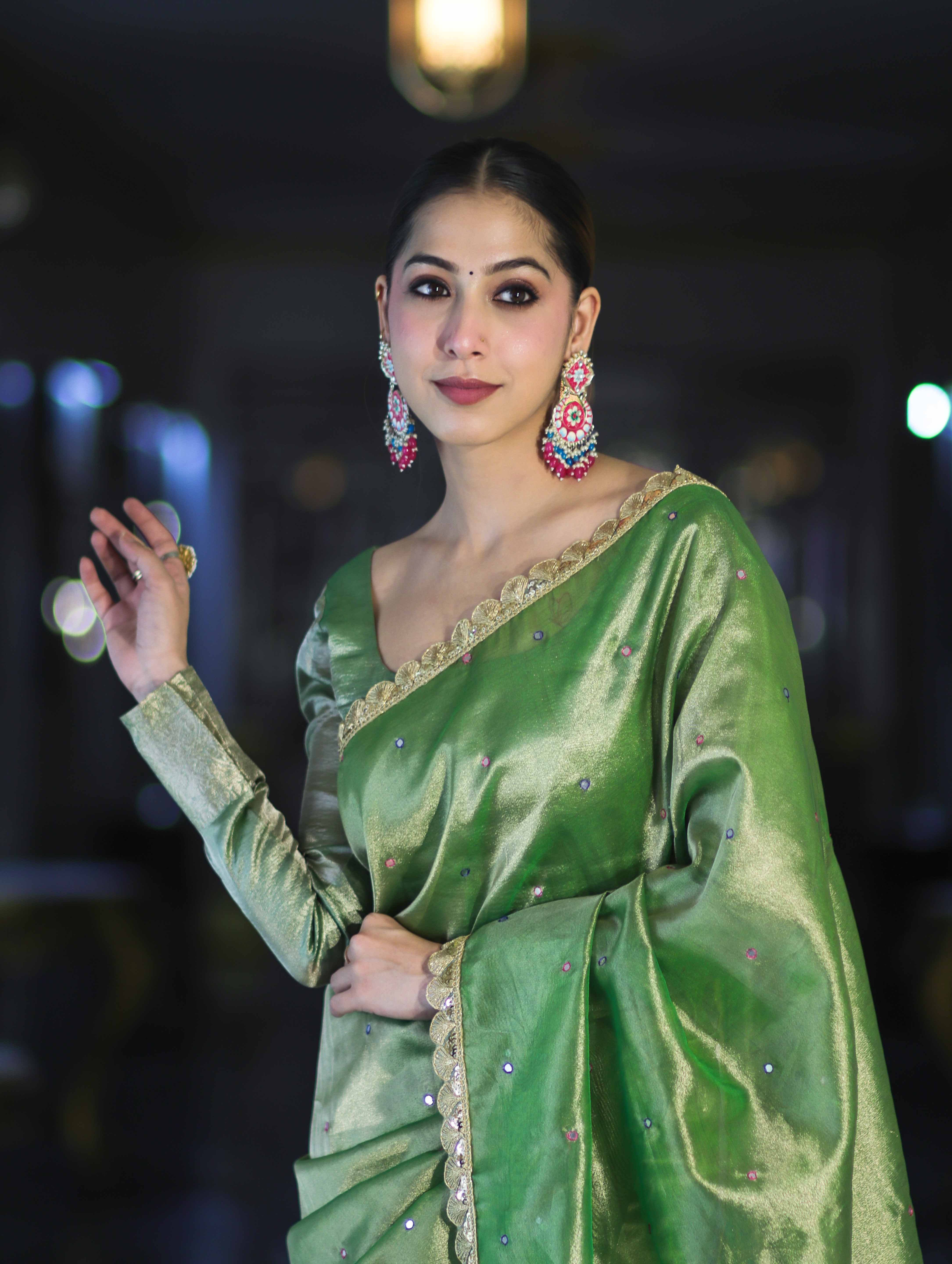 Banarasee Handwoven Tissue Saree With Handwoven Pearl Motifs & Lace-Light Green