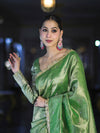 Banarasee Handwoven Tissue Saree With Handwoven Pearl Motifs & Lace-Light Green